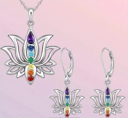 Conjunto Colgante y Aros Flor de Loto 7 chacras